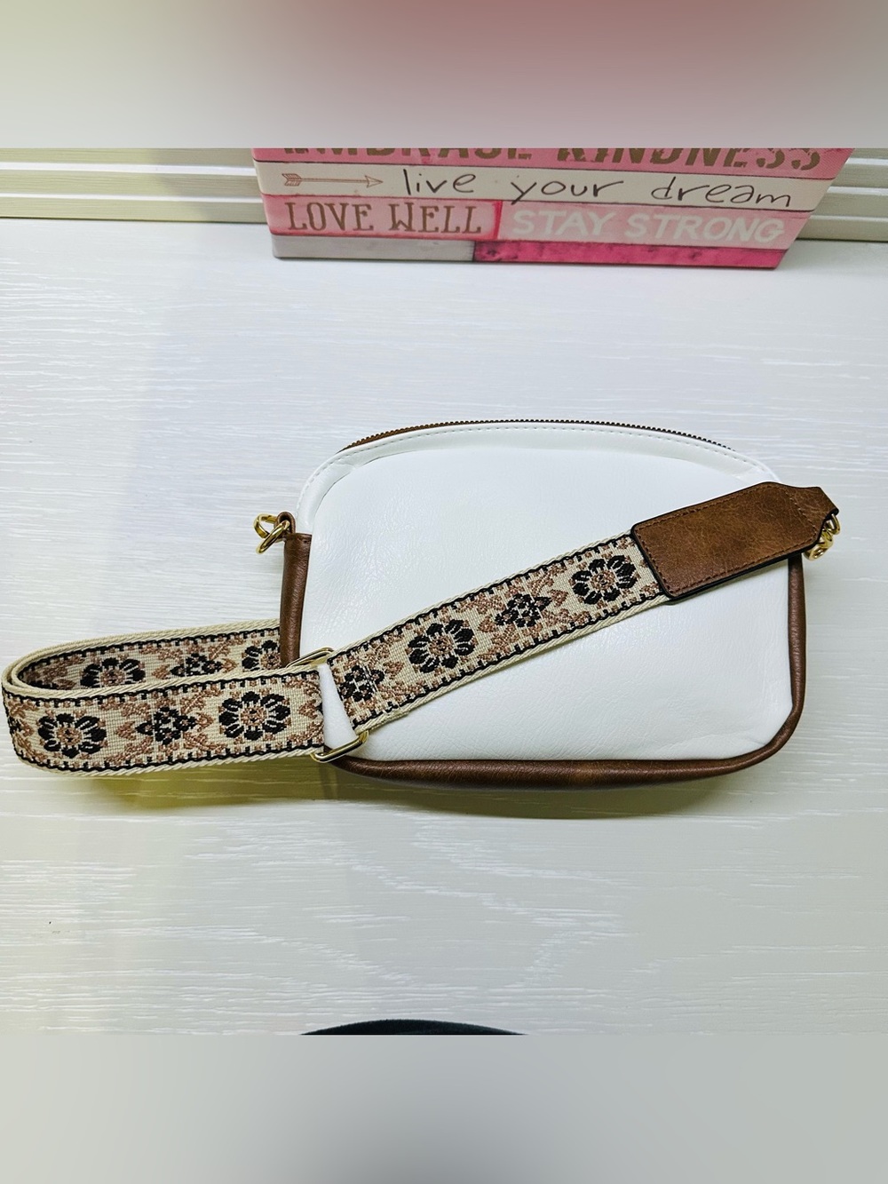 Women's White and Brown Crossbody Bag with Floral Jacquard Strap